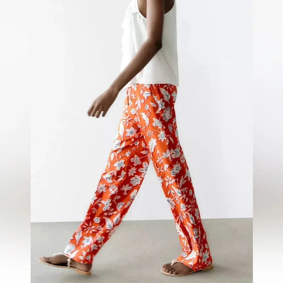 Zara Linen Blend Floral Printed Pants Trousers High Rise Wide Leg Size Small - Picture 3 of 16